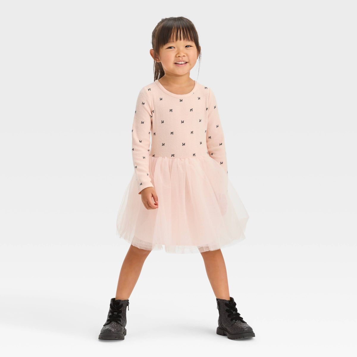 Toddler Girls' Bow-Tie Long Sleeve Knit Tulle Dress - Cat & Jack™ Pink | Target