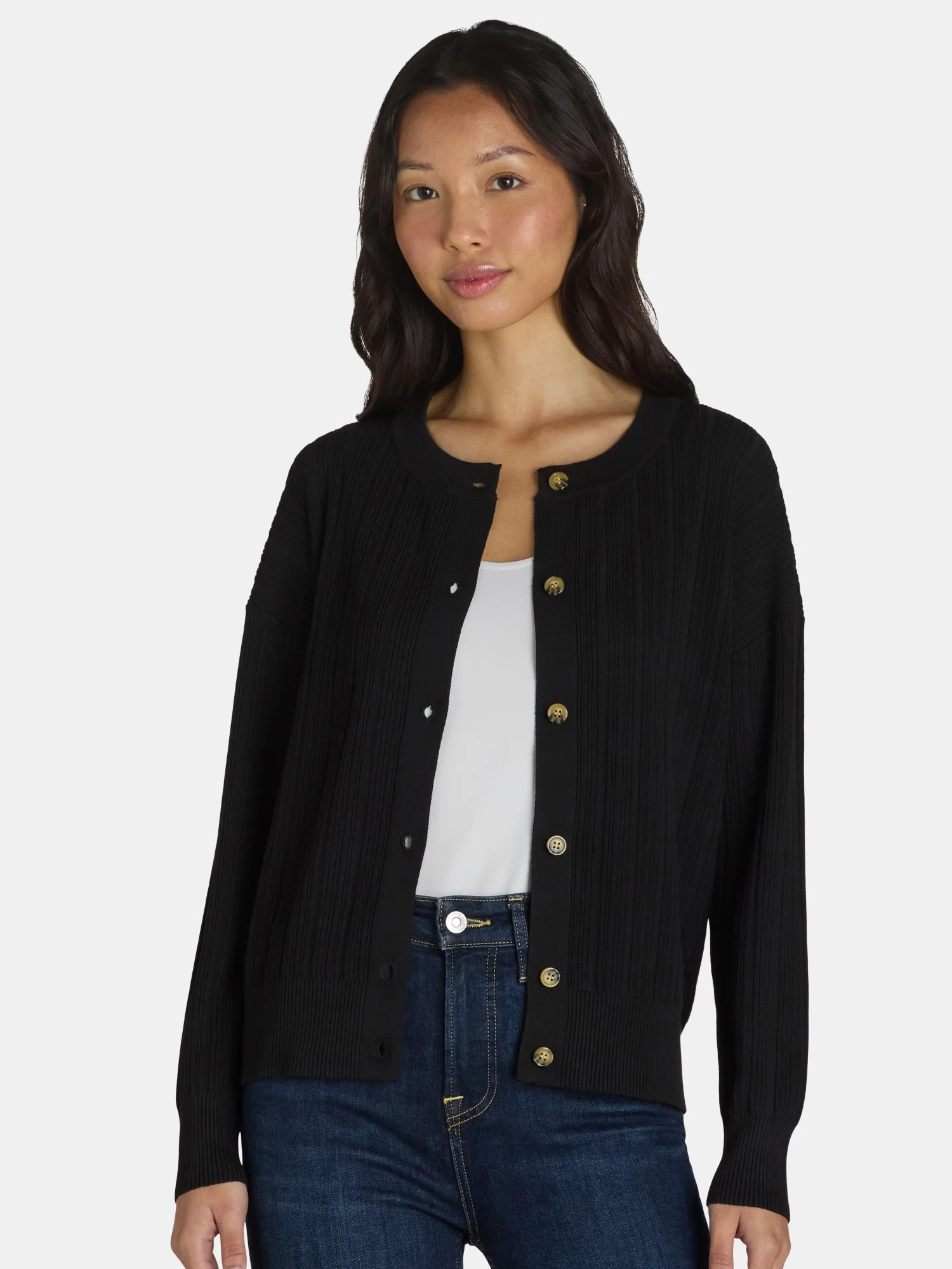 Time and Tru Women's Fine Gauge Rib Crew Cardigan with Long Sleeves, Sizes XS-XXXL | Walmart (US)