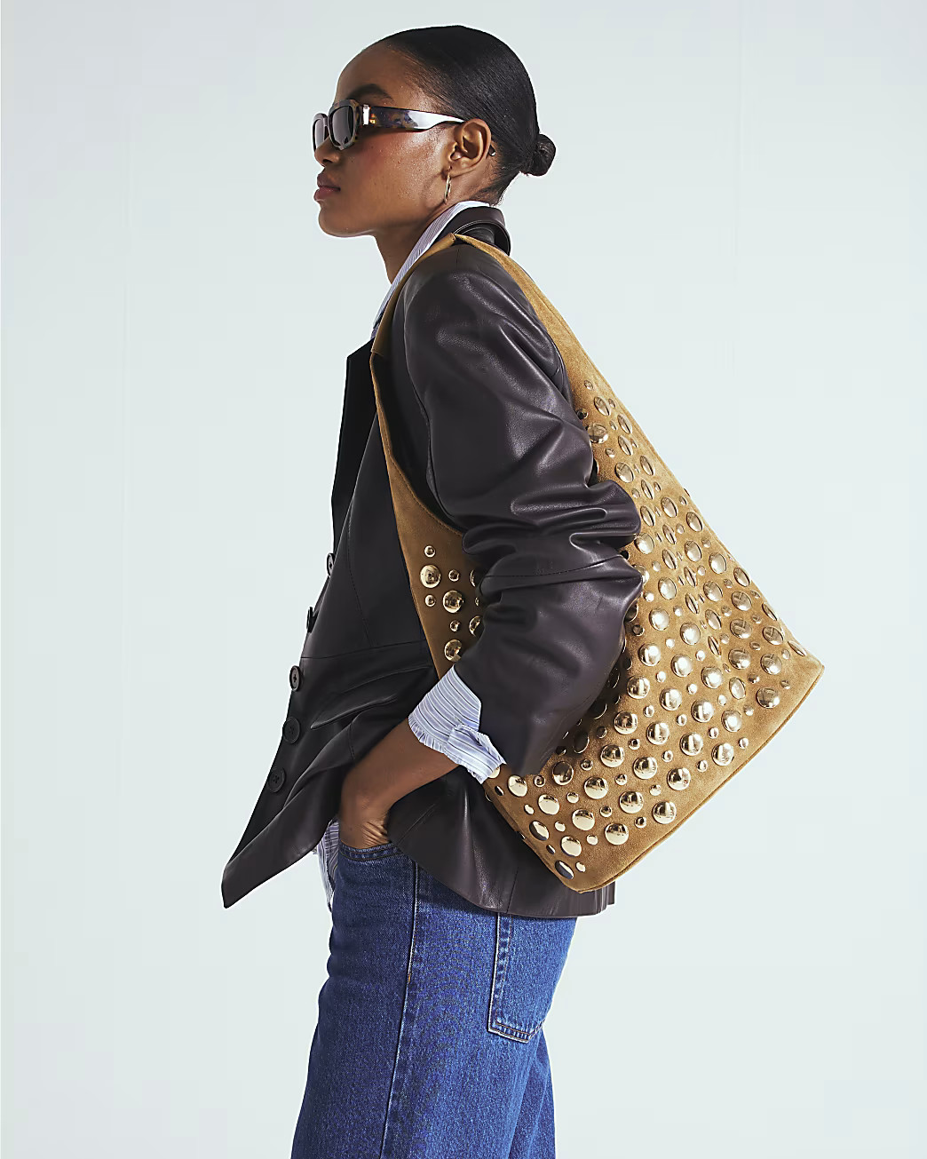 Brown Faux Suede Studded Bucket Shoulder Bag | River Island UK & IE