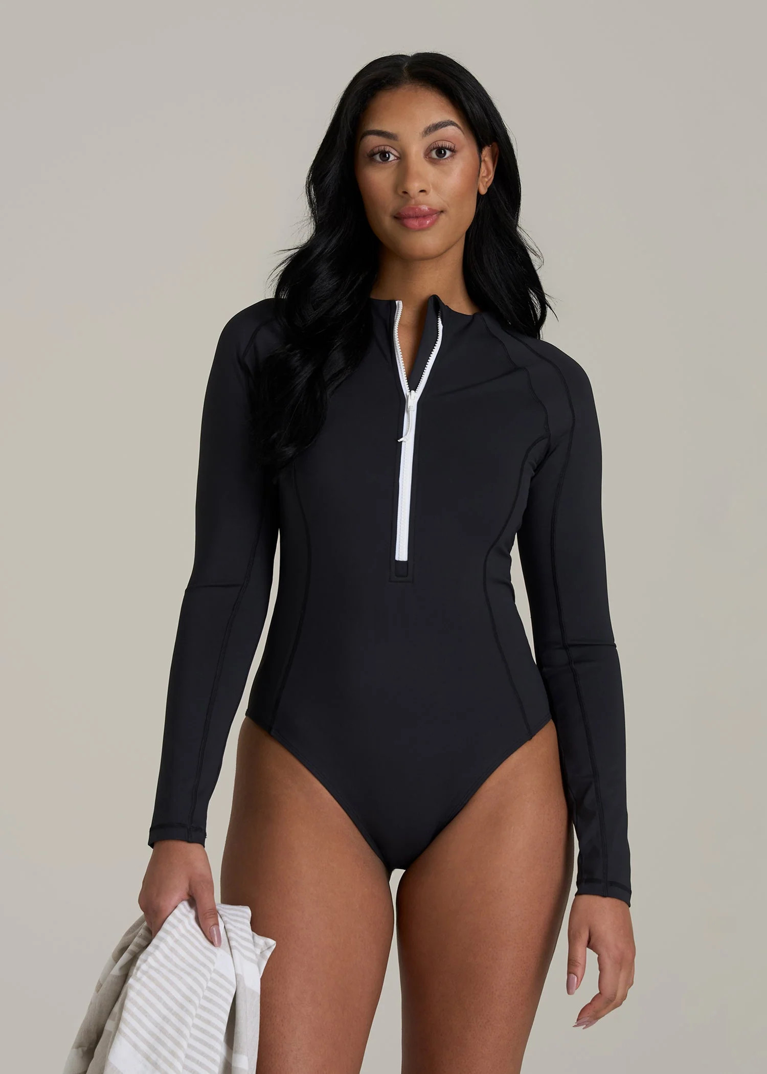 Long Sleeve UPF 50 One Piece Swimsuit for Tall Women in Black | American Tall