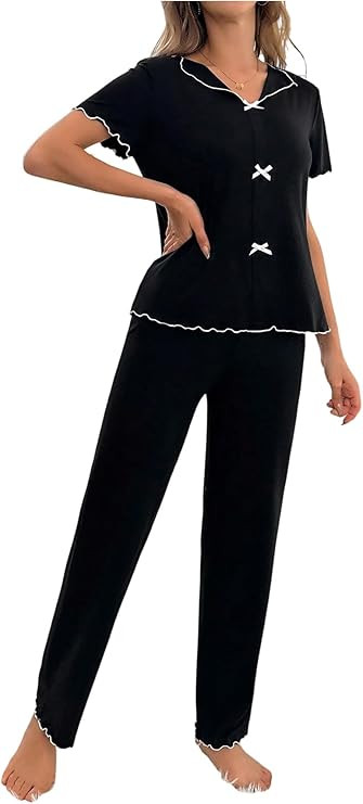 SOLY HUX Women's Pajama Set 2 Piece Sleepwear Bowknot Short Sleeve Top and Pants Pjs Loungewear | Amazon (US)