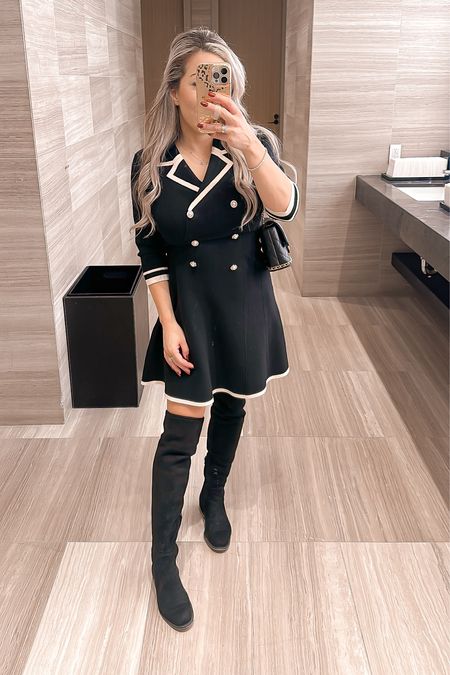 Chanel inspired dress. Black midi dress. Black dress. Black high knee boots. 

#LTKSeasonal #LTKstyletip #LTKshoecrush