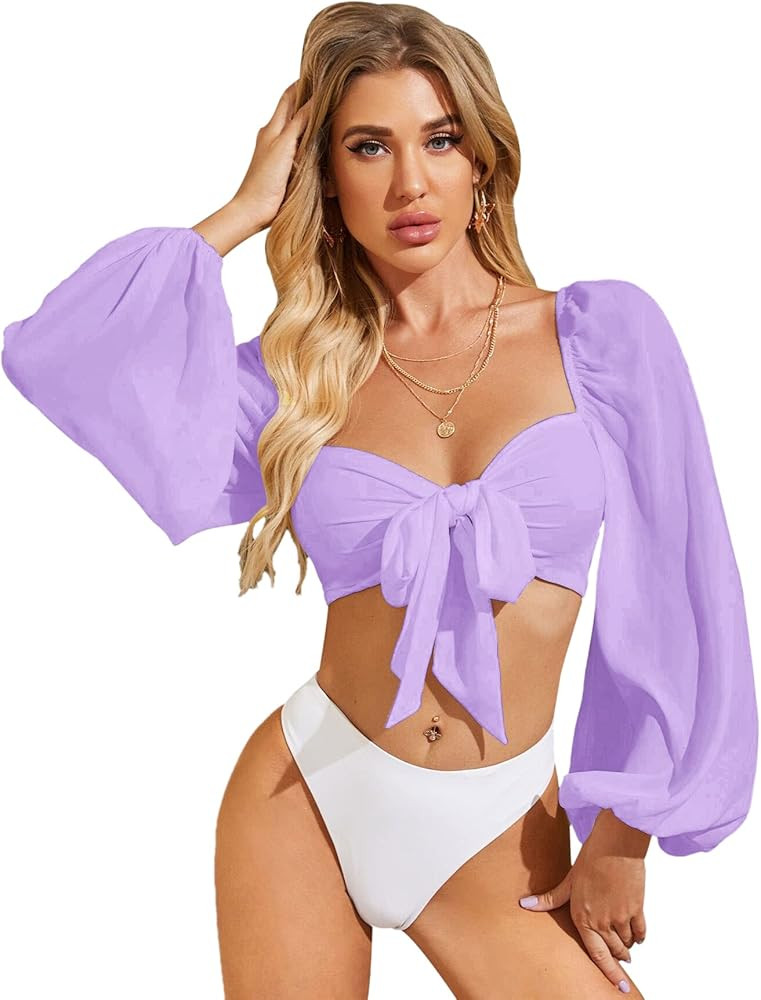 Romwe Women's Sweetheart Neck Tie Knot Front Long Sleeve Crop Tops Blouse | Amazon (US)