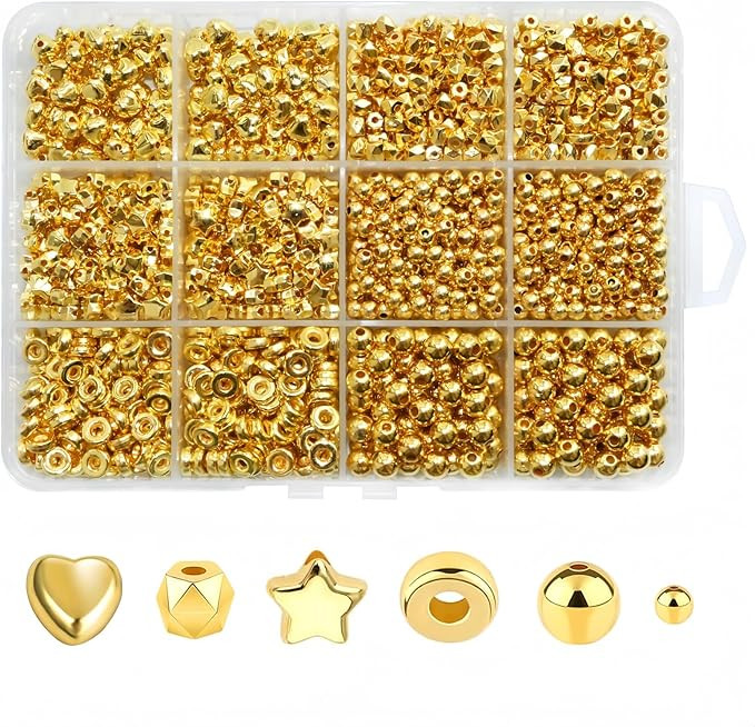 1500pcs Gold Spacer Beads Set, Assorted Round Star Gold Beads for Bracelet Jewelry Making | Amazon (US)