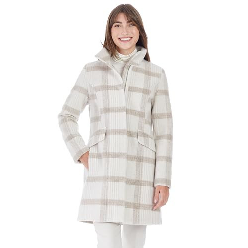 Nine West Women’s Plaid Faux Wool Coat | 34 Inch Mid-Length, Stand Collar | Cream Plaid (Small) | Amazon (US)