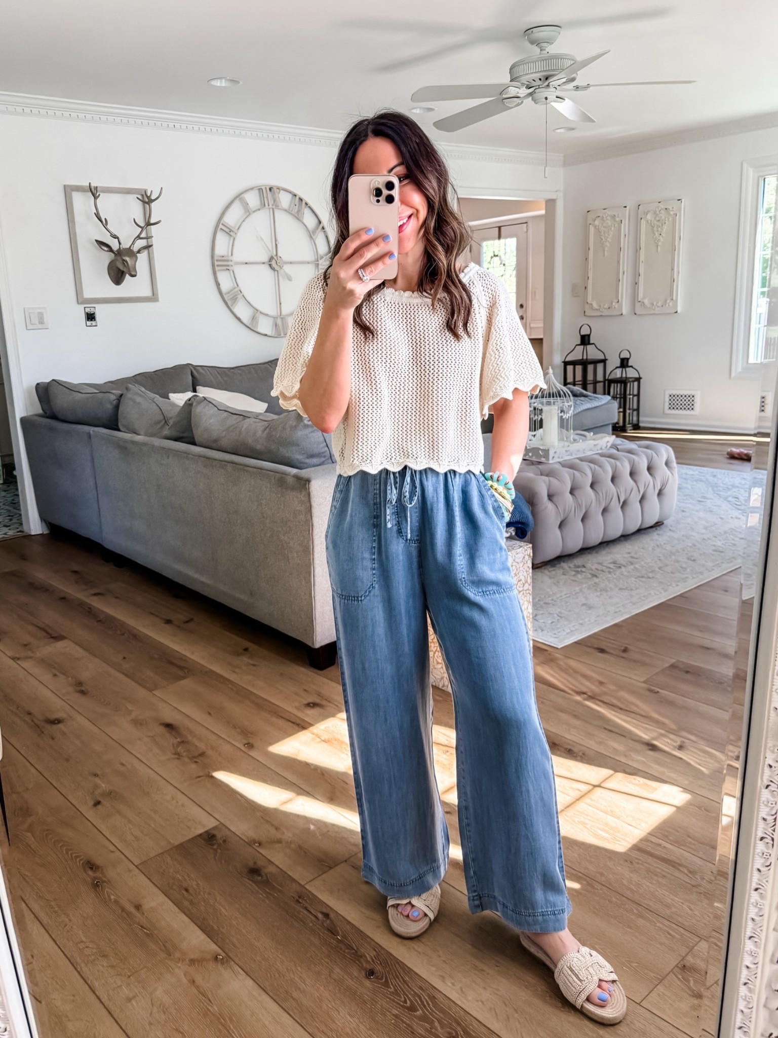 Small chambray pants. Small crochet top. Sandals TTS.

#LTKPetite #LTKOver40 #LTKSaleAlert