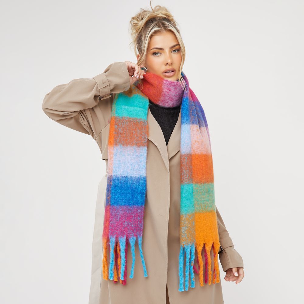 Oversized Scarf In Multi Blue And Orange Checked Print | Ego Shoes (UK)