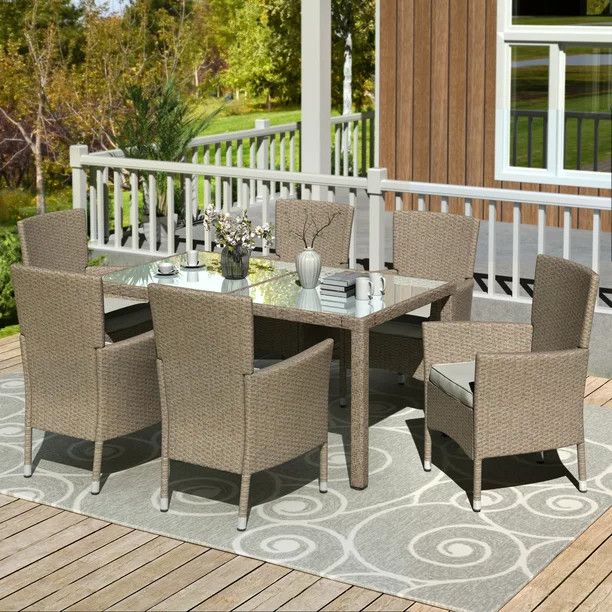 All-Weather Patio Furniture Sets, 7 Piece Patio Dining Set with 6 PE Wicker Chairs, Glass Dining ... | Walmart (US)