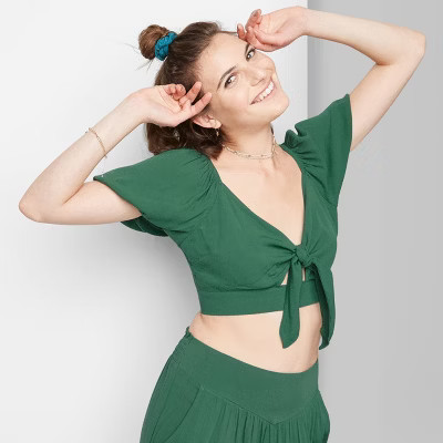 Women's Puff Short Sleeve Woven Tie-Front Blouse - Wild Fable™ | Target