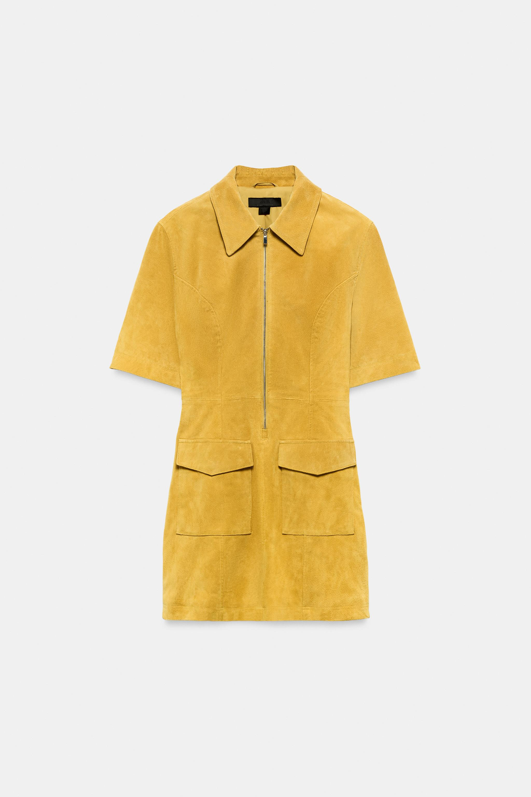 Dress made from 100% leather. Features a lapel collar and short sleeves. Front patch pockets with... | Zara US