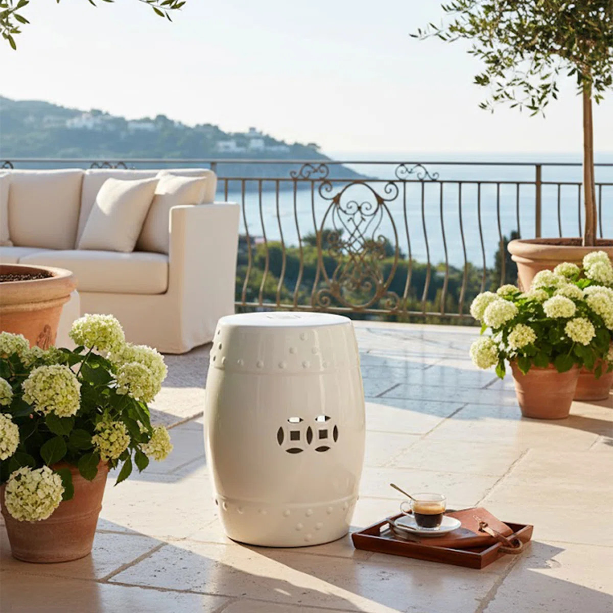 Garden Accent Stool, 17 Inch Round Drum Shape, White Ceramic, Cut Out Details | Wayfair North America