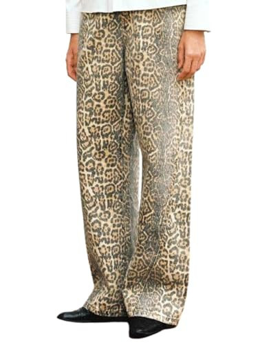 Hesaco Leopard Print Jeans for Women - Y2K Light Cheetah Print Pants, Flare Straight Leg High Waisted Pants for Women (Leopard,M,Medium) | Amazon (US)
