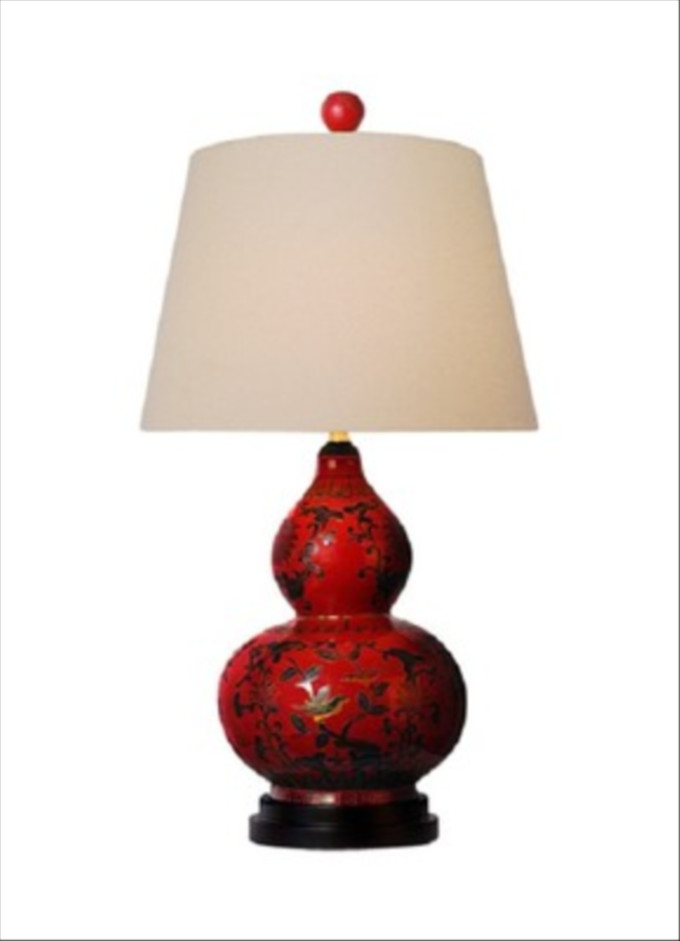 Click for more info about Chinese Red Lacquer Porcelain Gourd Vase Table Lamp Shade and Finial 24"