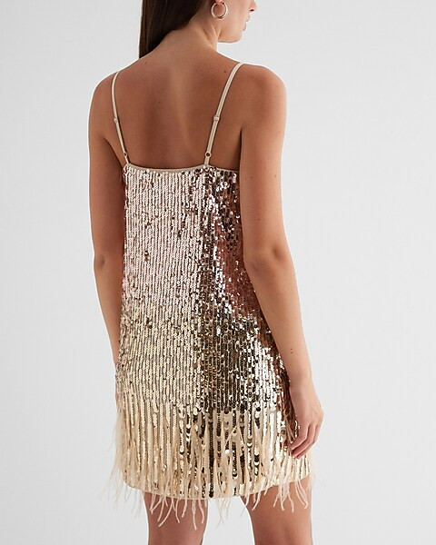 Sequin V-Neck Feather Hem Mini Dress | Express
