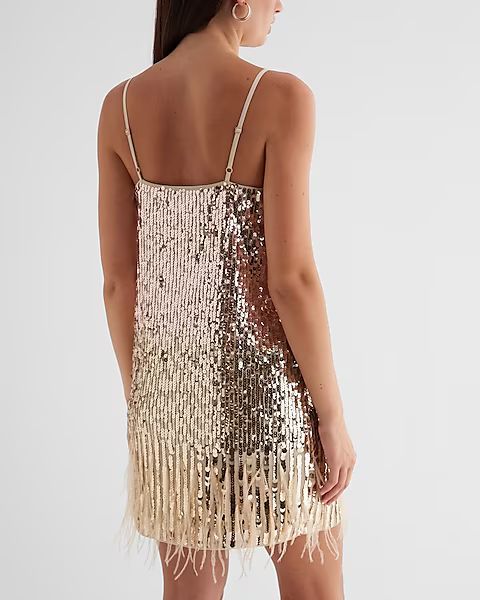 Sequin V-Neck Feather Hem Mini Dress | Express