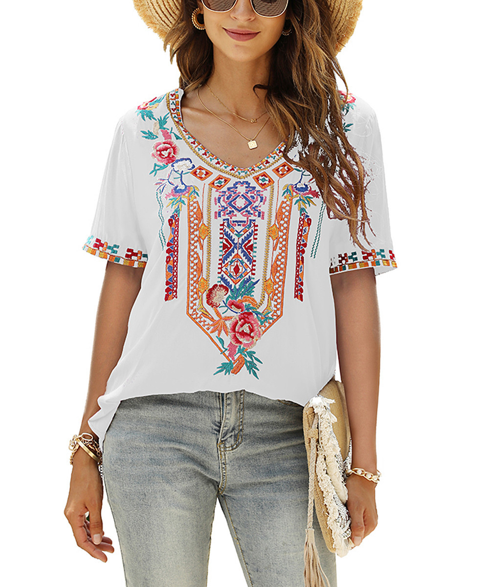 KOMILI Women's Tunics WHITE - White & Orange Floral-Embroidered Short-Sleeve V-Neck Tee - Women & Pl | Zulily