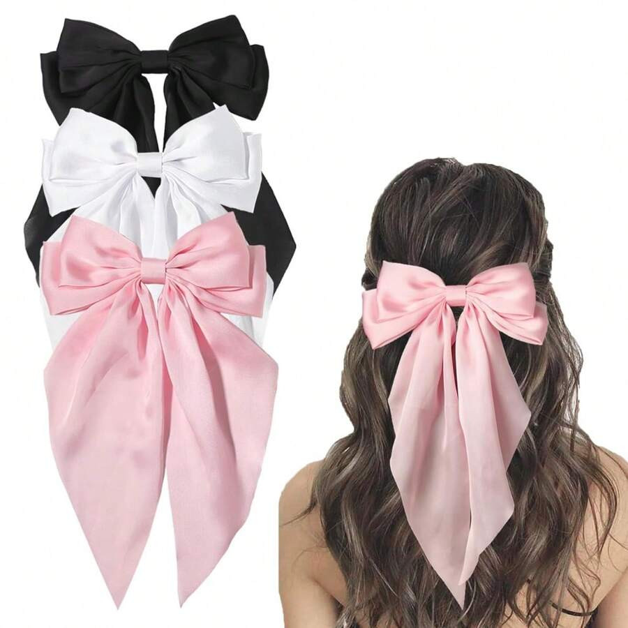 3 Pcs Hair Bows Clips For Women, Black Bow White Bow Pink Bows Bow Hair Clips For Women Ribbons B... | SHEIN