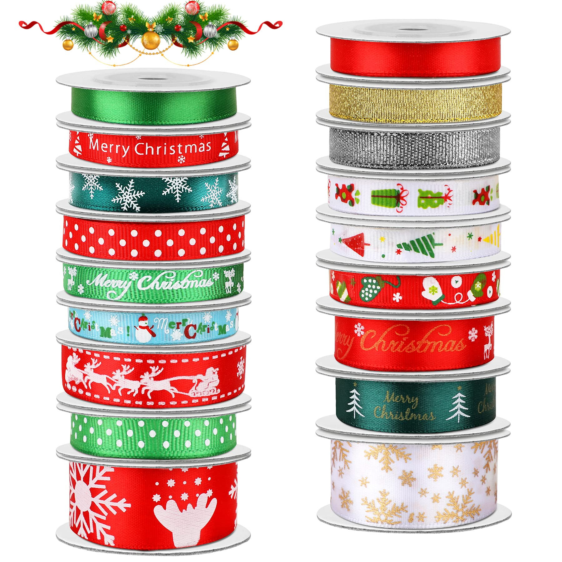 SANNIX 18 Rolls 90 Yards Christmas Ribbons Holiday Printed Grosgrain Satin Ribbon Metallic Glitte... | Amazon (US)