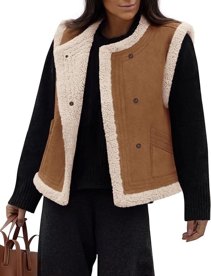 PRETTYGARDEN Women's Winter Faux Suede Vest Sleeveless Button Down Fleece Sherpa Lined Jacket Fas... | Amazon (US)