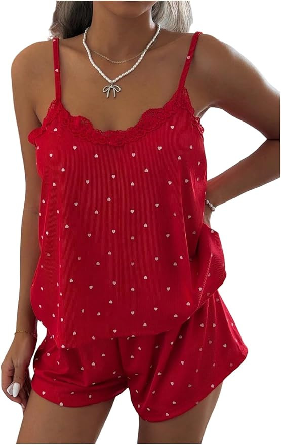 OYOANGLE Women's 2 Piece Heart Print Pajama Set Lace Trim Ribbed Knit Cami Top and Shorts Pjs Sle... | Amazon (US)