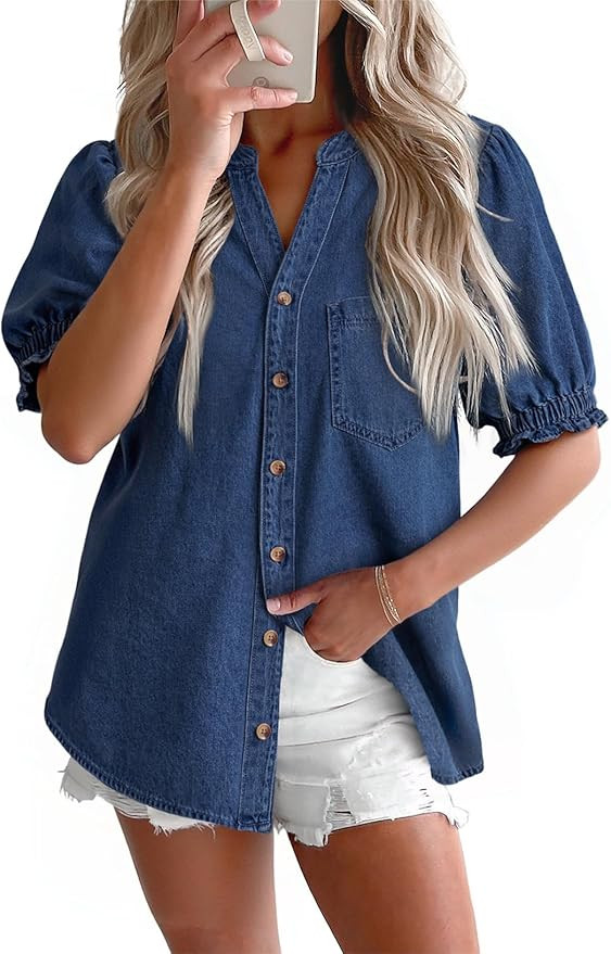 Dokotoo Women Denim Shirt Button Down Casual Short Sleeve V Neck Blouse Summer Tops | Amazon (US)