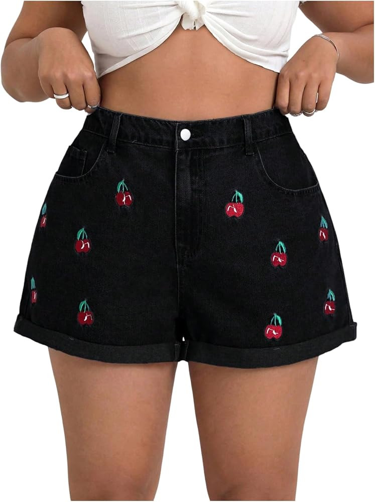 WDIRARA Women's Plus Size Cherry Embroidery Wide Leg Denim Shorts High Waist Rolled Hem Shorts | Amazon (US)