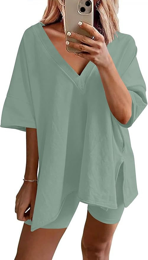Ekouaer Womens Pajamas 2 Piece Lounge Sets Oversized V Neck T-Shirts Tops Biker Shorts Set Workou... | Amazon (US)