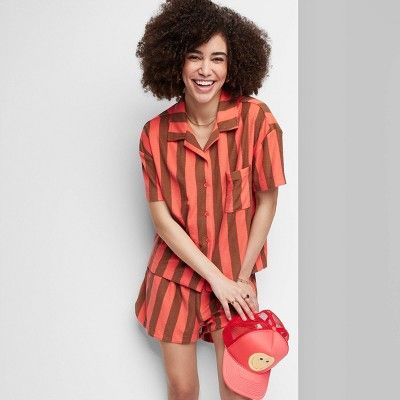 Women's Ascot + Hart Short Sleeve Graphic Button-Front Shirt - Red Striped | Target