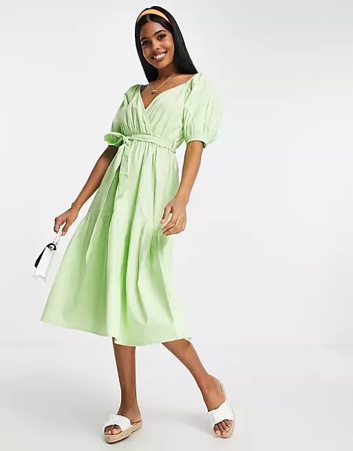 Influence puff sleeve tiered midi dress in lime green | ASOS (Global)