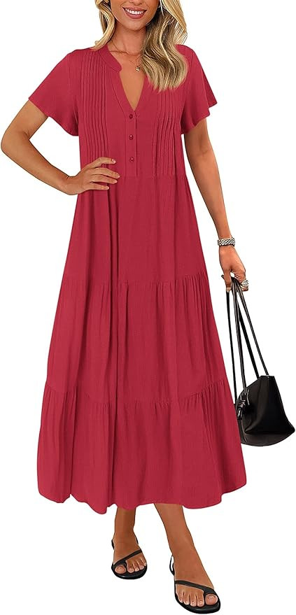 KIRUNDO Summer Maxi Dresses for Women 2025 Spring Fashion Short Sleeve Button V Neck Pleated Loos... | Amazon (US)