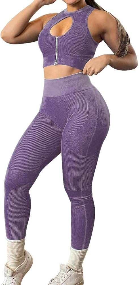 OLCHEE Womens Workout Sets 2 Piece - Seamless Ribbed Acid Wash Yoga Outfits Leggings and Keyhole ... | Amazon (US)