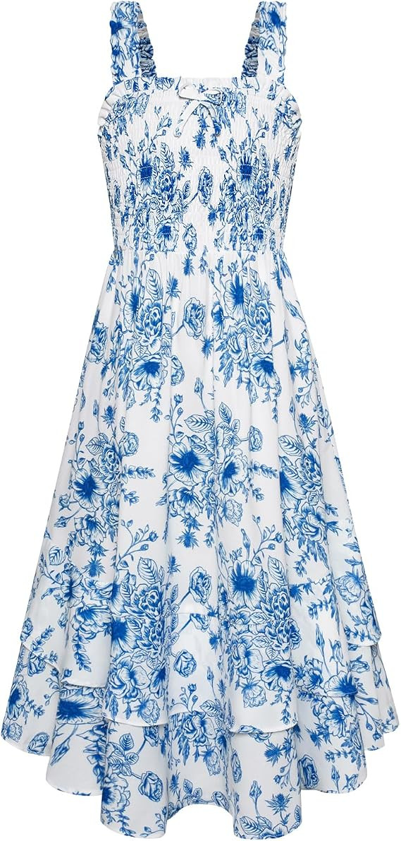 GRACE KARIN Girls Floral Maxi Dress Square Neck Wide Straps Smocked Summer Spring Flowy Dress 5-1... | Amazon (US)