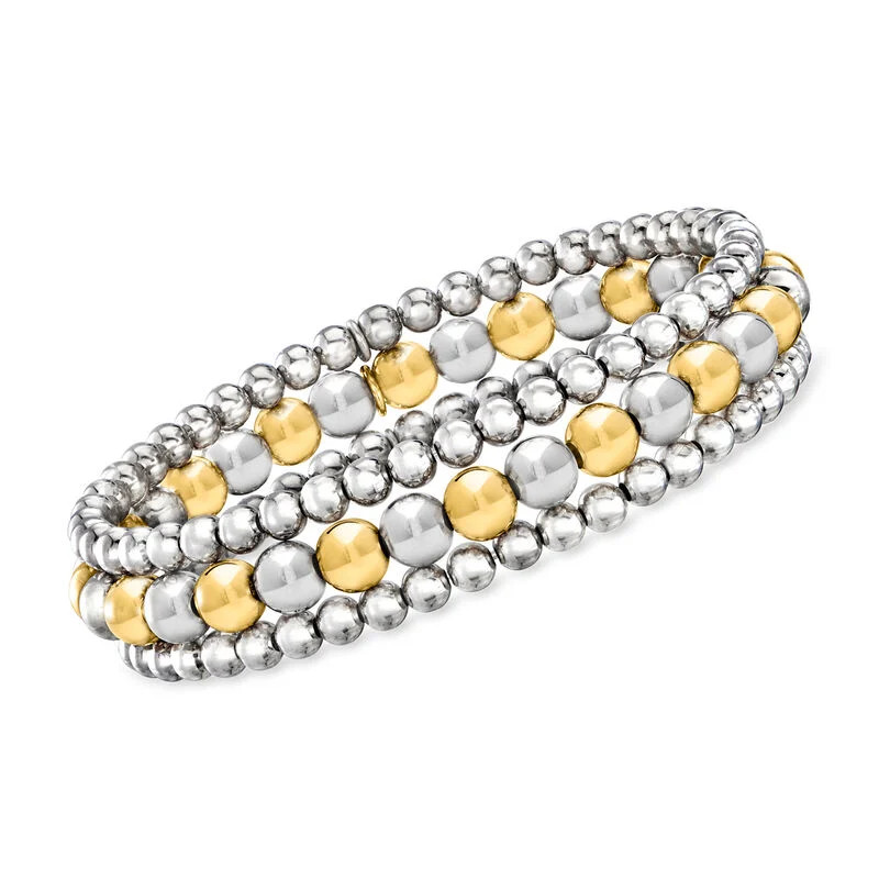Italian Two-Tone Sterling Silver Jewelry Set: Three 4-6mm Bead Stretch Bracelets | Ross-Simons