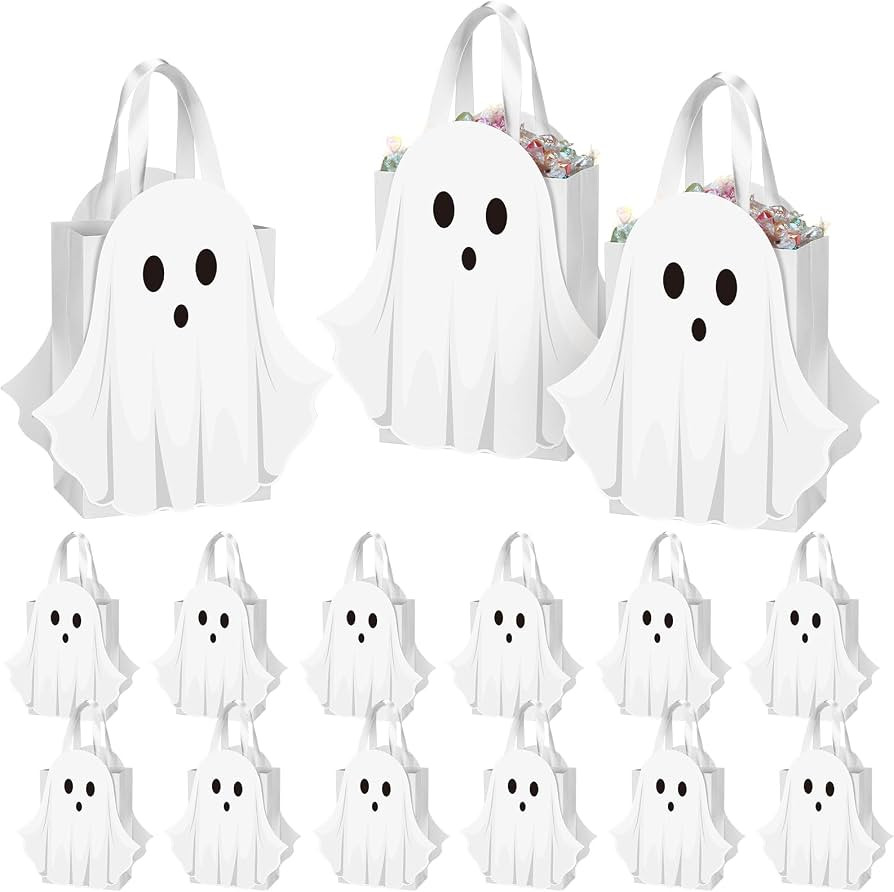 Sweetude 12 Pcs Halloween Ghost Paper Gift Bags, white Simple Goodie Bags | Amazon (US)