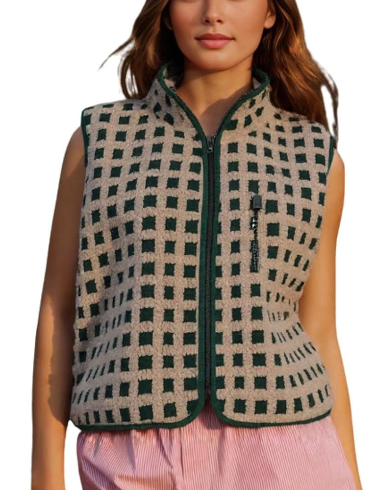 PUWEI Womens Checkered Sherpa Vest Sleeveless Plaid Fleece Jacket Zip Up High Neck Outerwear with... | Amazon (US)