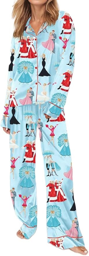 Satin Silk Christmas Pajamas Set for Women Cute Santa Claus Pjs Button Up Shirt+Pants 2 Piece Xma... | Amazon (US)