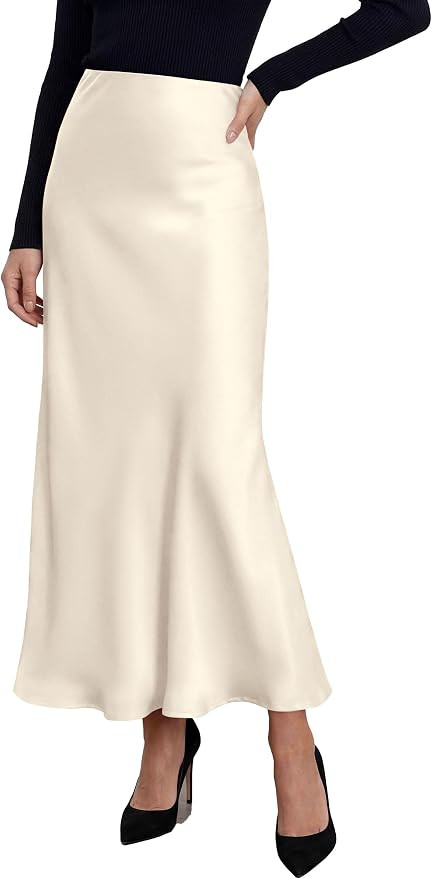 PRETTYGARDEN Women's 2026 Fall Fashion Maxi Long Skirts Trendy Silk Satin High Waisted A Line Mer... | Amazon (US)
