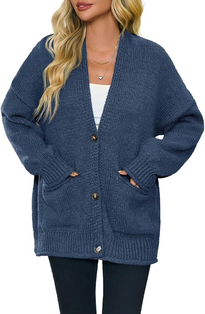 Saodimallsu Womens Chunky V Neck Cardigan Sweater Puff Sleeve Knit Cardigans Button Down Outwear ... | Amazon (US)