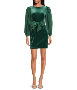 Hannah Stretch Velvet Bow Sash Crew Neck Puff Long Sleeve Mini Dress | Dillard's