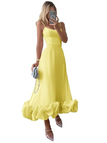 Bedlover Plus Size Satin Prom Dresses Elegant Tea Length Flounce Ruffle Midi A-line Sleeveless Lacing Formal Evening Party Gowns Yellow US26W | Amazon (US)
