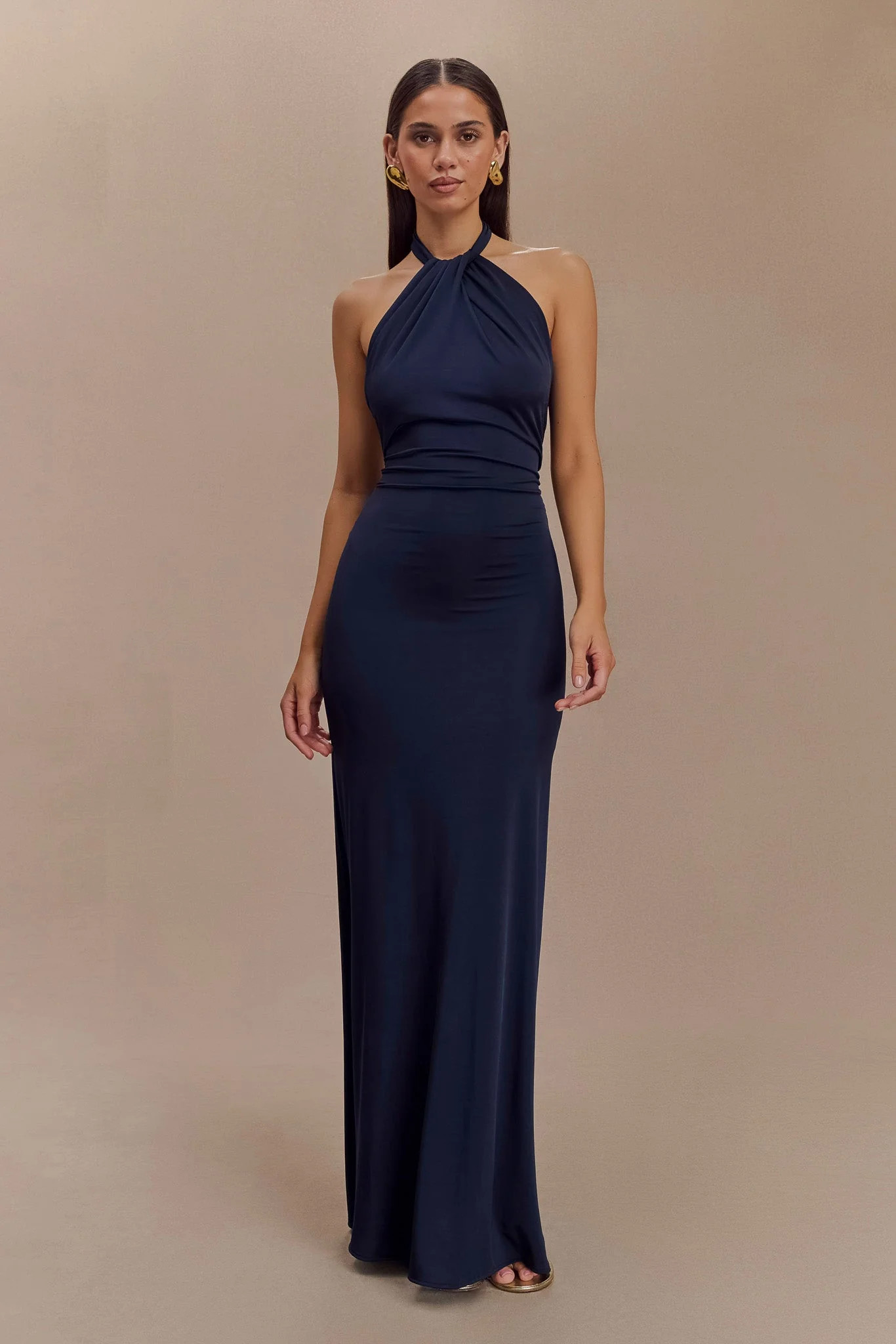 Elyna Slinky Halter Maxi Dress - Navy | MESHKI US
