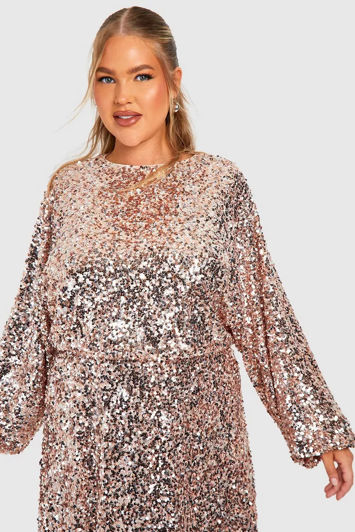 Plus Sequin Puff Sleeve Midi Dress | boohoo (US & Canada)