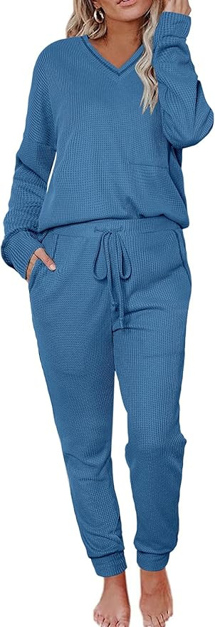 Becotal Womens Waffle Knit Pajamas Sets Two Piece Outfits Lounge Sets Long Sleeve Pullover Tops S... | Amazon (US)