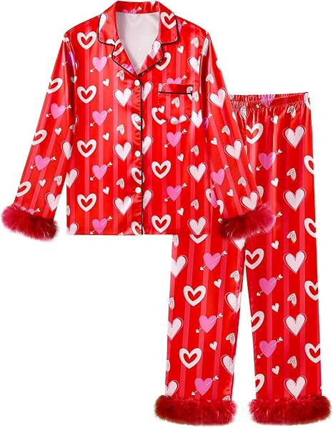 Sylfairy Girls Valentines Pajamas Satin Pajama Set Silk Pjs Long Sleeve Button Down Heart Sleepwe... | Amazon (US)