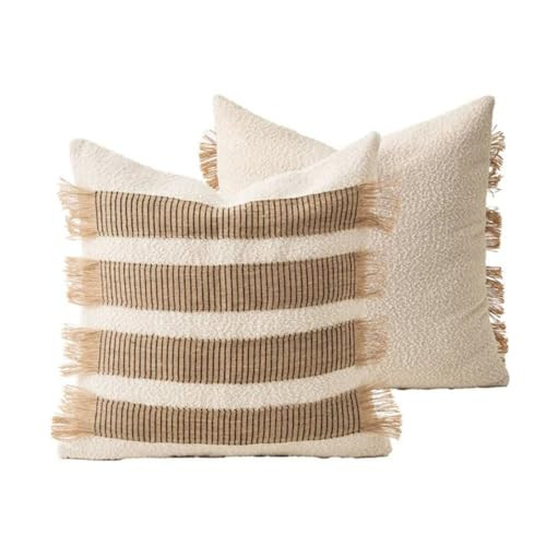 MOCOFO Handwoven Jute Cotton Striped Pillow Covers, Wabi Sabi Boho Farmhouse Decorative Throw Cushion Cover with Fringe, 18x18 & 12x20 Inch (Cover Only) (White/Natural, 18x18) | Amazon (US)