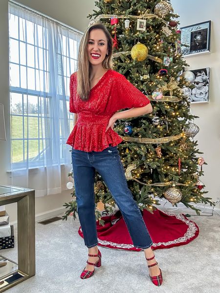 Red sequin peplum top is so cute for a holiday party 🎉 With Levi’s cropped jeans and some fun plaid heels!

Christmas outfit // casual holiday party outfit // New Year’s Eve party outfits

#LTKstyletip #LTKSeasonal #LTKHoliday