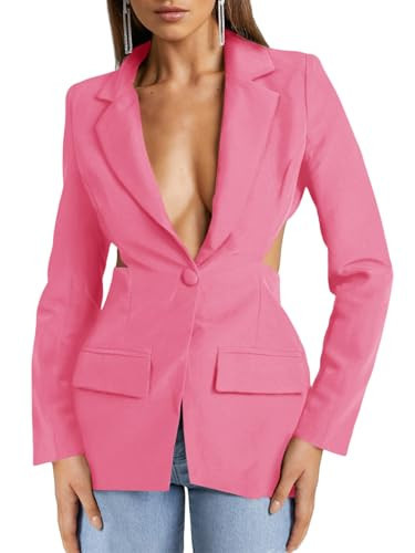 Cicy Bell Women's Fitted Sexy Blazers Casual Open Front Long Sleeve Trendy Tailored Cut Out Blazer Jackets Hot Pink | Amazon (US)