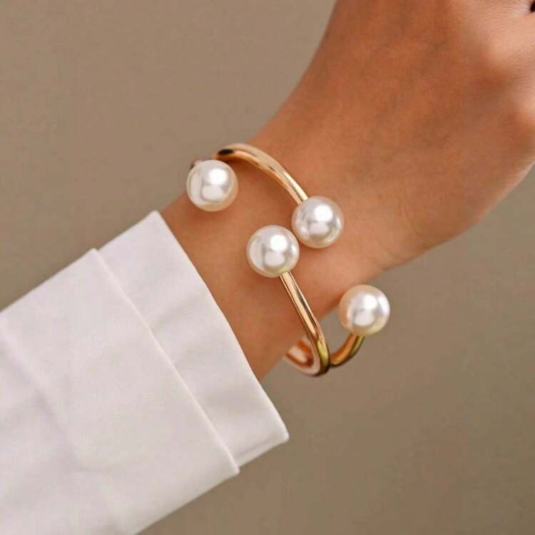Local-68%1pc Double-Layer Pearl Asymmetric Half-Open Bracelet Elegant And Practical, Perfectly Matches Any Outfit, Ideal Accessory To Enhance Overall Look | SHEIN