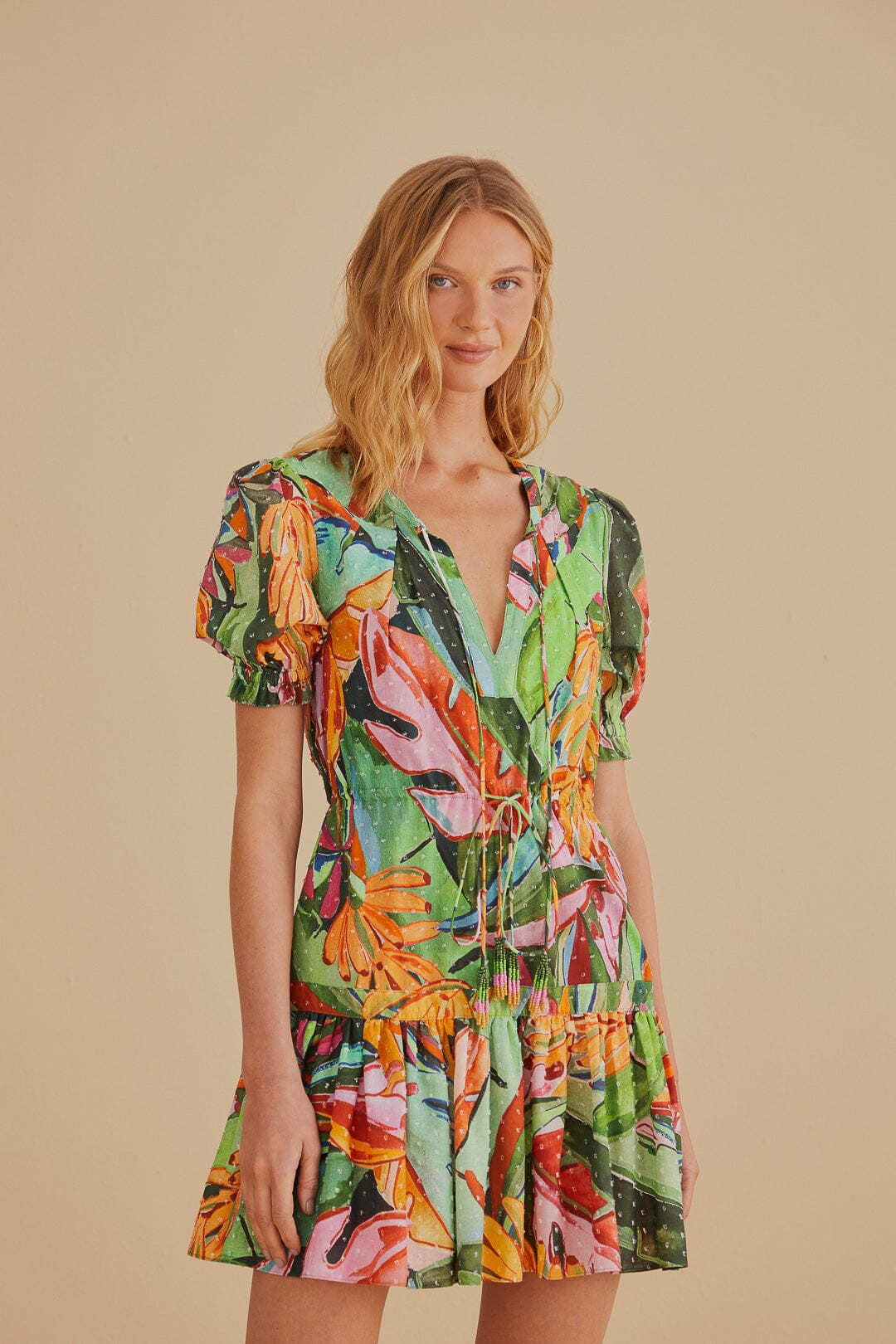 Multicolor Banana Foliage Short Sleeve Mini Dress | FarmRio (US)