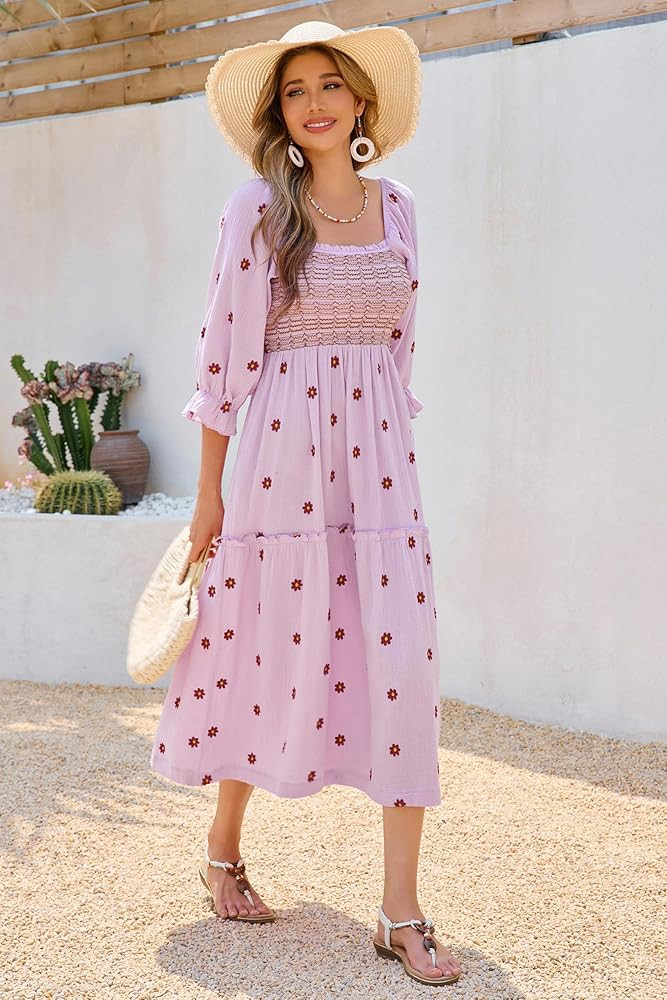 R.Vivimos Women's Long Sleeve Cotton Boho Midi Dress Vintage Square Neck Floral Embroidered Tiere... | Amazon (US)